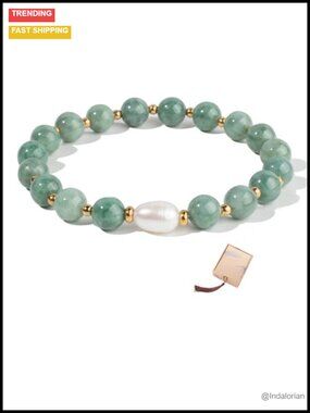 Natural Jade Bracelet Women 8mm Stretch Beaded Bracelet Pearl Accent